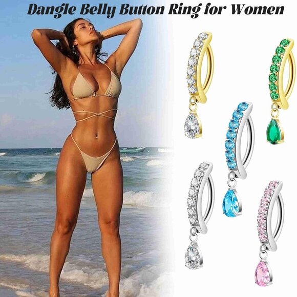 Titanium Belly Button Ring 14G Dangle CZ Teardrop Hypoallergenic Jewelry - Picture 6 of 6